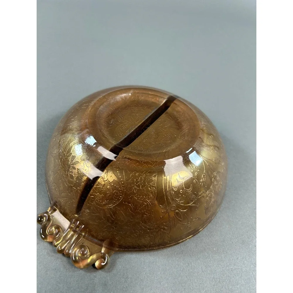 Vintage Amber Carnival Glass Divided Candy Dish Gold Iridescent Floral Etched